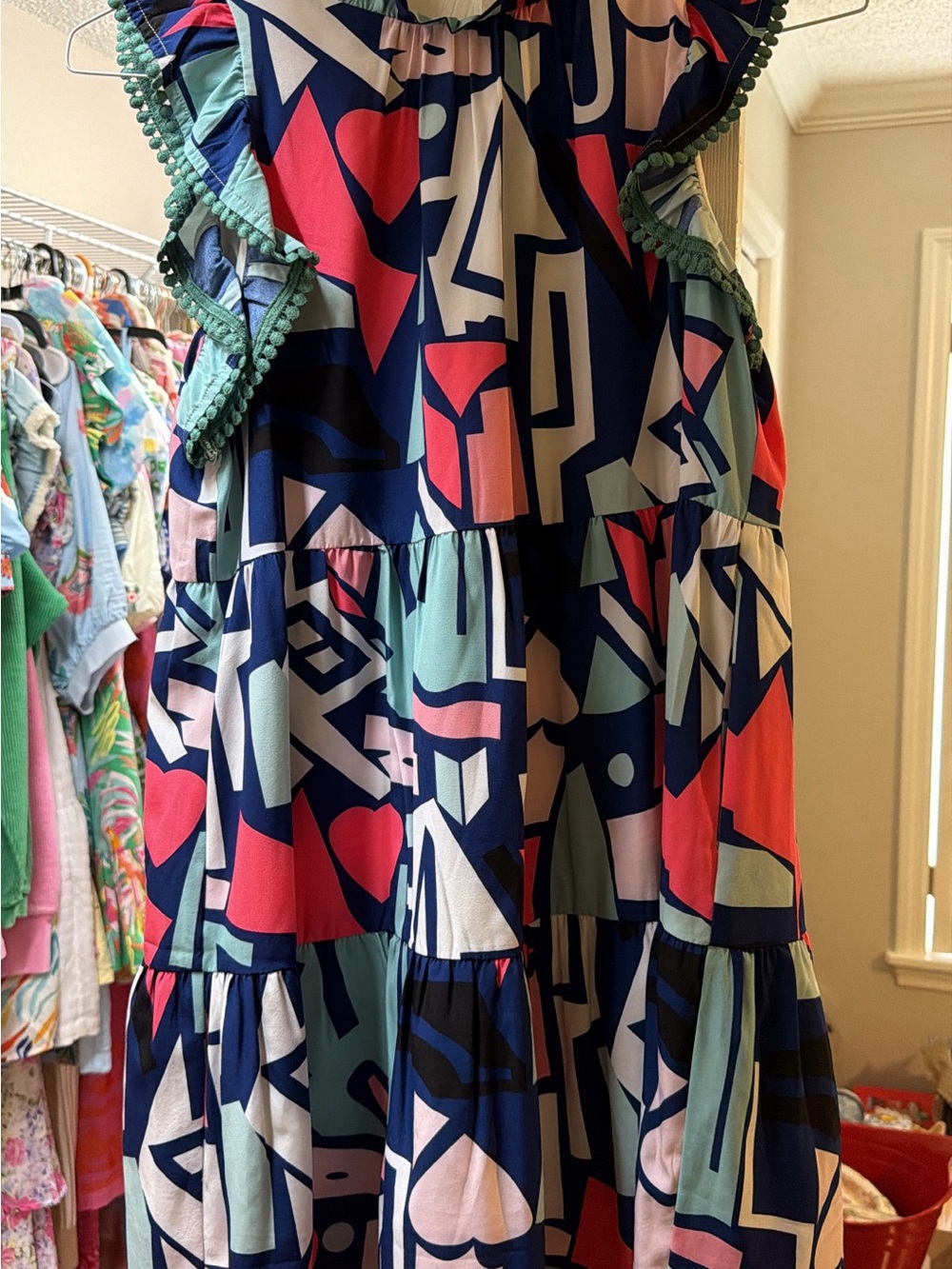 Women’s Tiered Geometric Print Dress in Navy, Pink & Mint